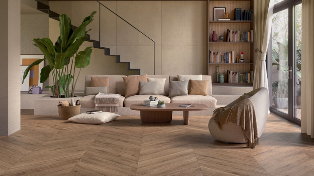 Side-by-side comparison Caesar Cocoon wood-effect and Slab2 stone-effect porcelain tiles for UAE luxury architecture specification Side-by-side comparison Caesar Cocoon wood-effect and Slab2 stone-effect porcelain tiles for UAE luxury architecture specification